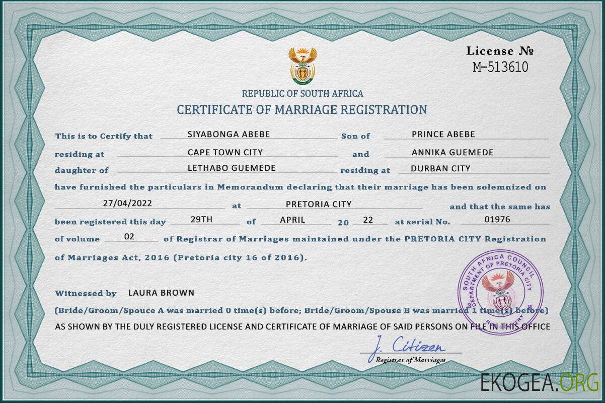 Modèle PSD de certificat de mariage en Afrique du Sud, entièrement modifiable